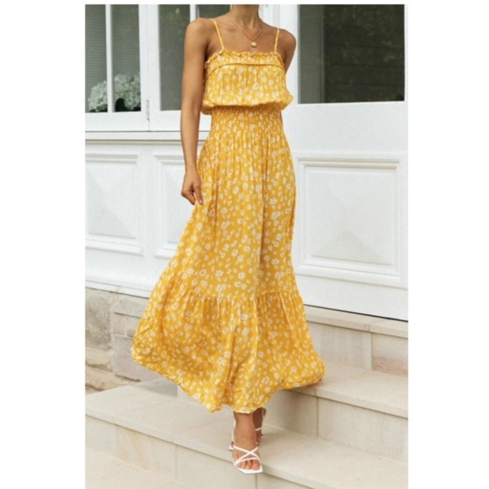 Boho yellow floral smocked ruffle cami maxi dress - Picture 4 of 8
